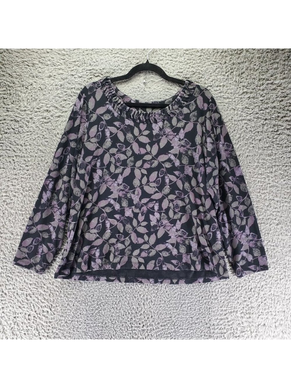 Croft & Barrow Top Womens 1X Black Purple Leaf Print Cotton Blend Long Sleeve Ca